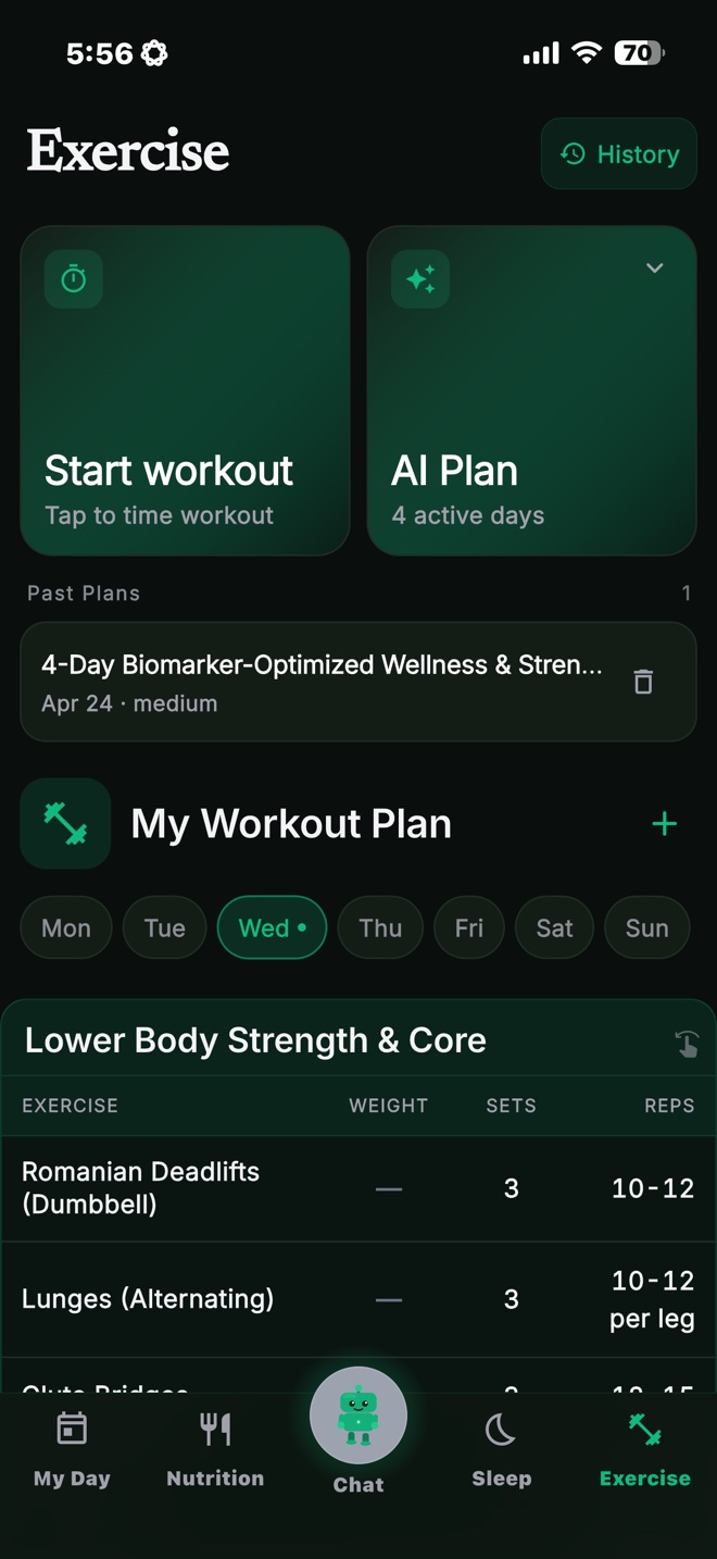 Exercise planner with AI workout program and weekly view