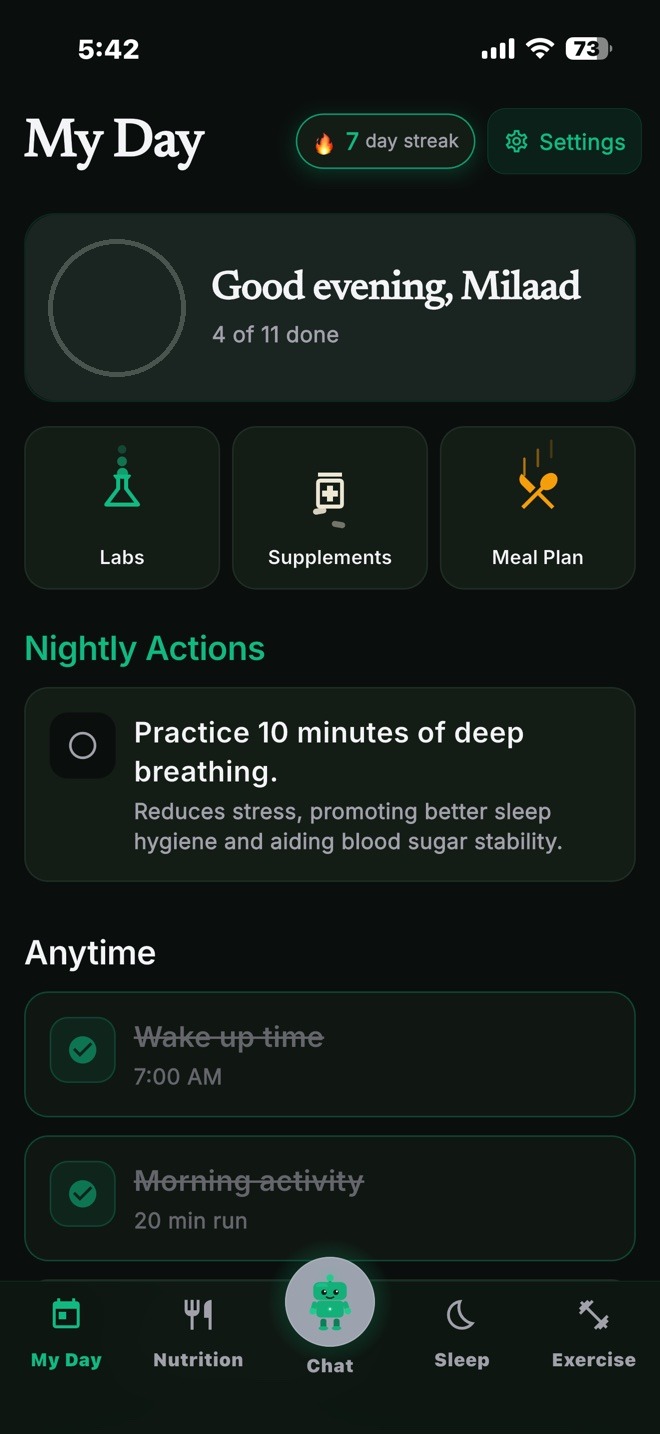 My Day dashboard showing progress ring, streak, and daily actions