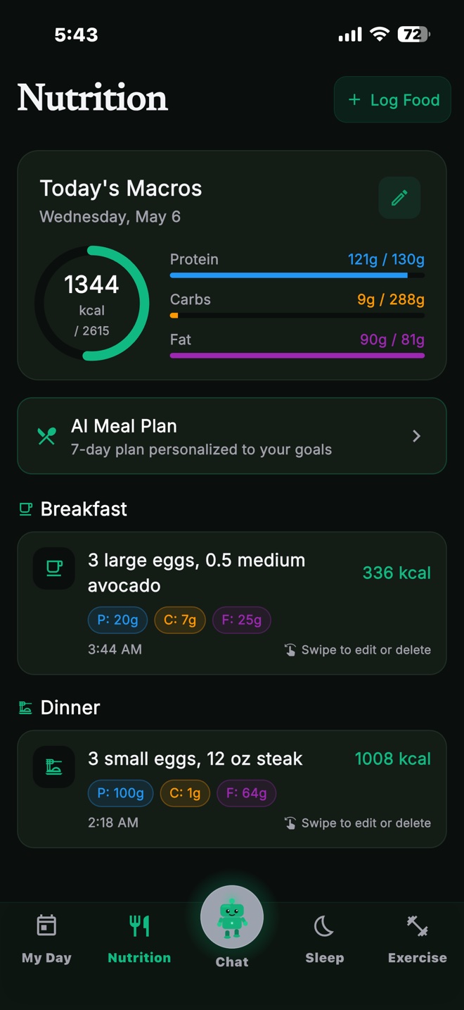 Nutrition log with today's macros ring and logged meals
